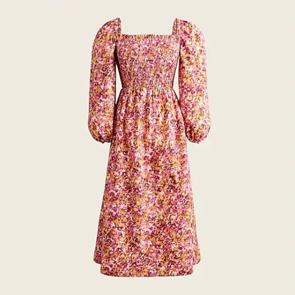 J. Crew Pink Floral Puff-Sleeve Midi Dress